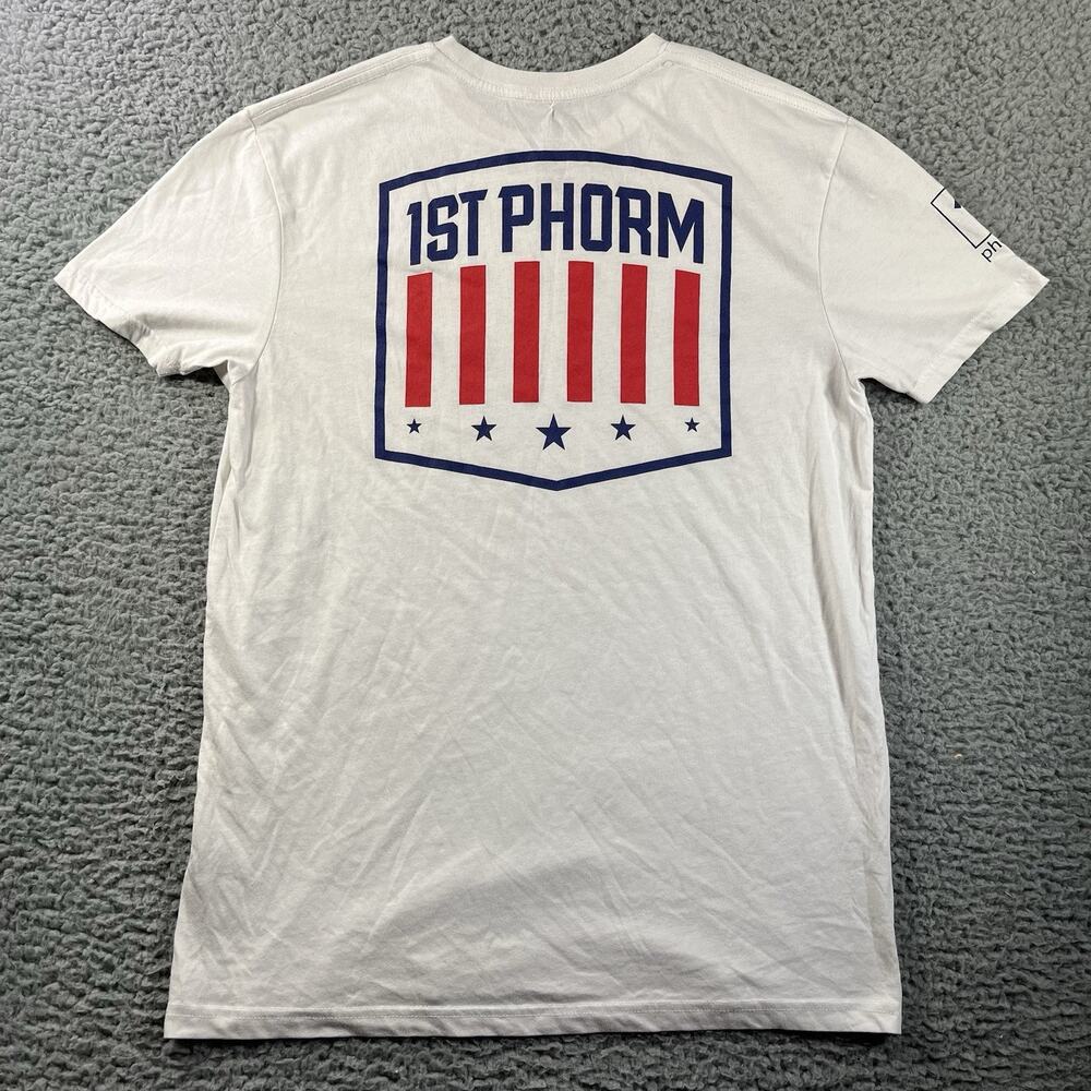1st Phorm T Shirt Mens Medium White USA Flag Shield⁠ Double Sided Gym Training